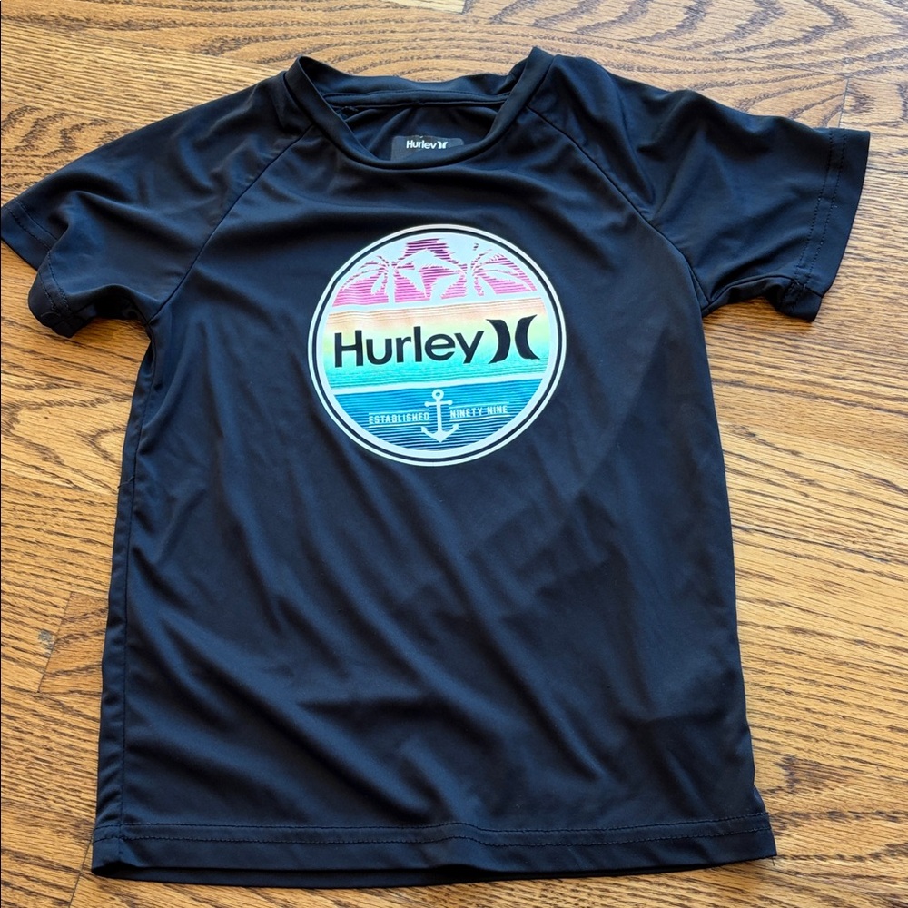 Hurley Black Short Sleeve Logo Swim Shirt with Sunset Graphic